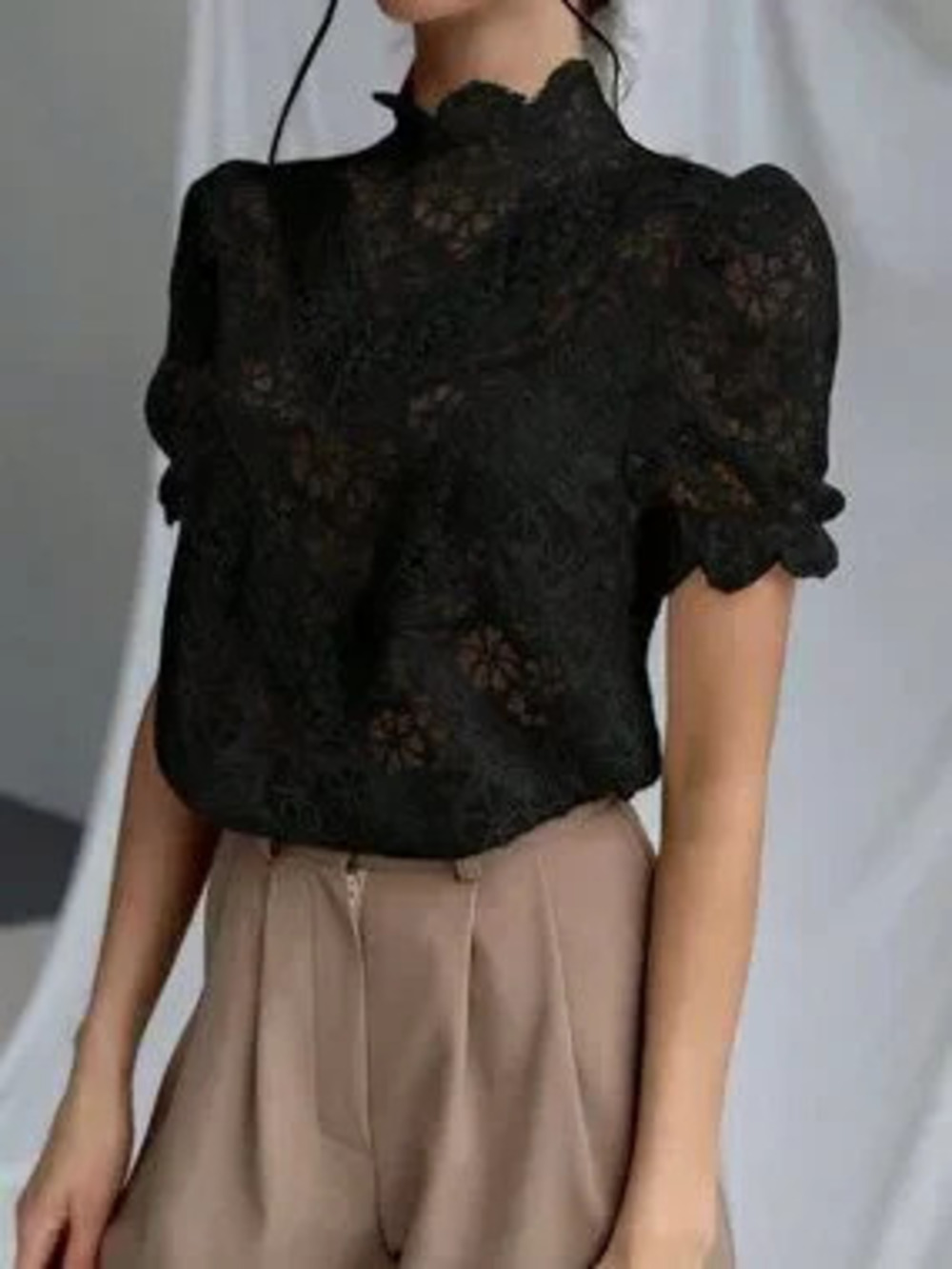 Black Elegant Women's Texture Semi Sheer Fabric puffed Bubble Sleeves Shirt top